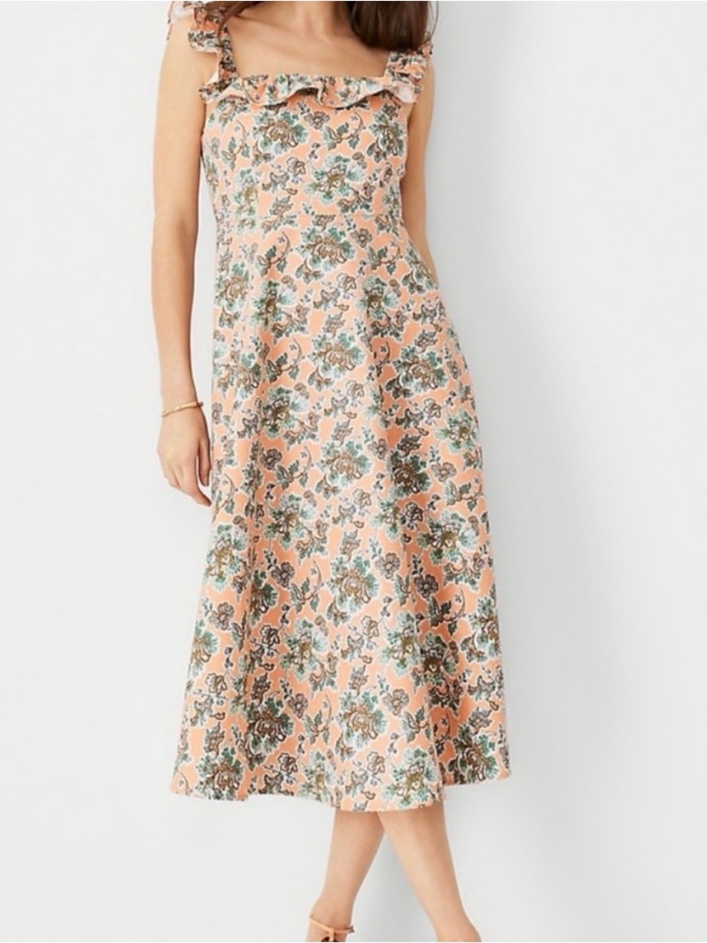 Ann Taylor Peach Floral Midi Dress with Green & Cream Print